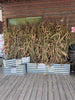 A large harvest of dried corn stalks in metal galvanized crates on a wooden porch in front of a log cabin.